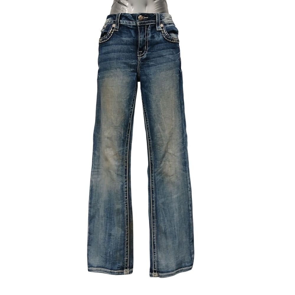 Miss Me Mid Rise Bootcut Jeans 29 Medium Tinted Wash Embellished Distressed